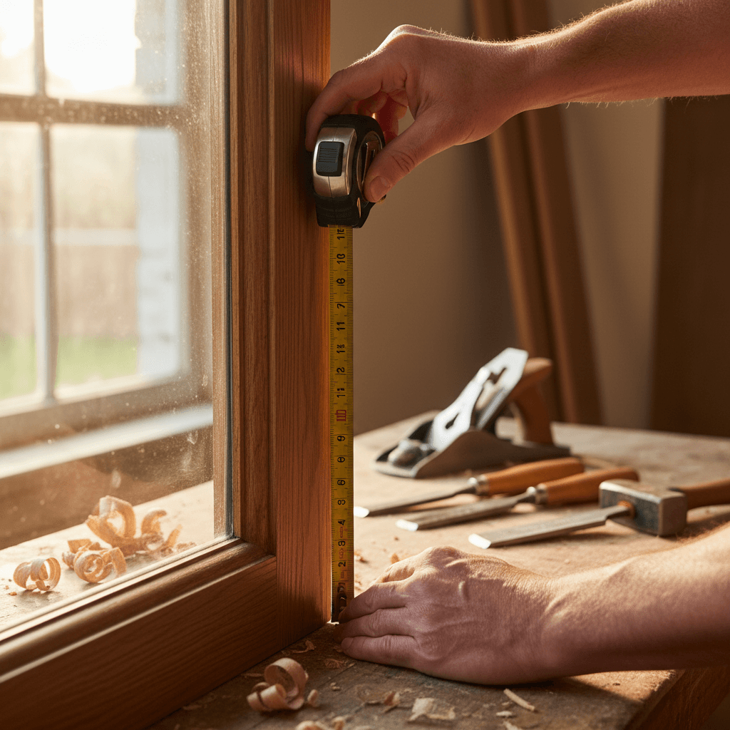 Contractor measuring a wooden door frame in a Sioux Falls home