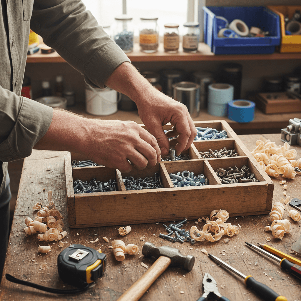 Organized workbench with construction tools and lumber