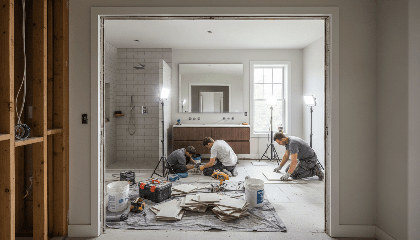 Bathroom remodel in progress with new vanity and tile