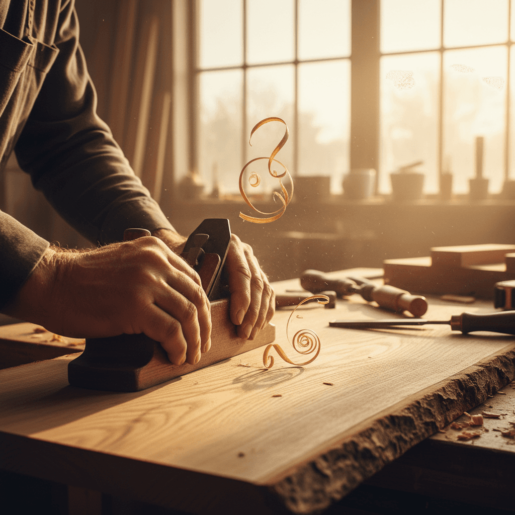 Close-up of hands sanding a freshly cut wooden board at a job site