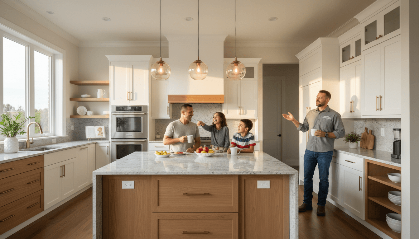 Newly remodeled kitchen with contractor reviewing the work