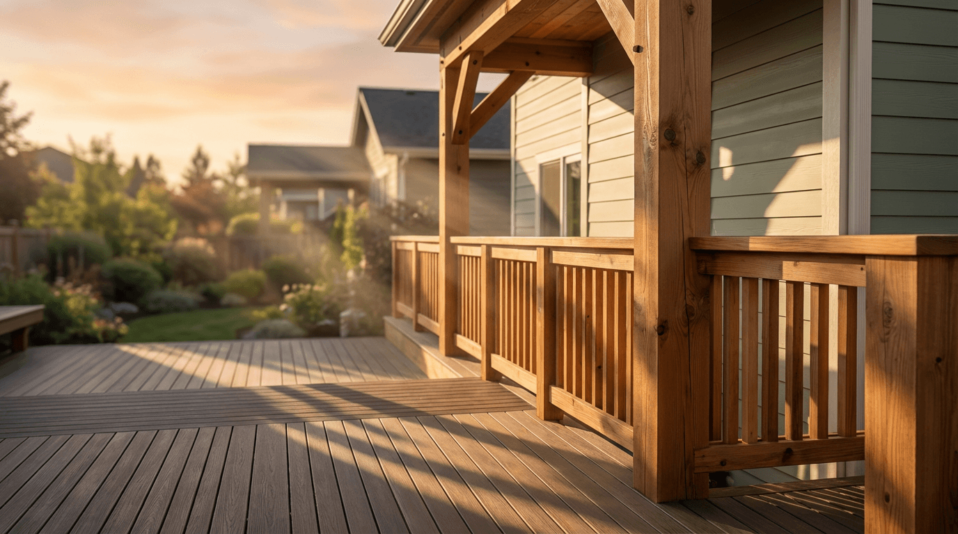 Newly built cedar deck with finished railing in a backyard