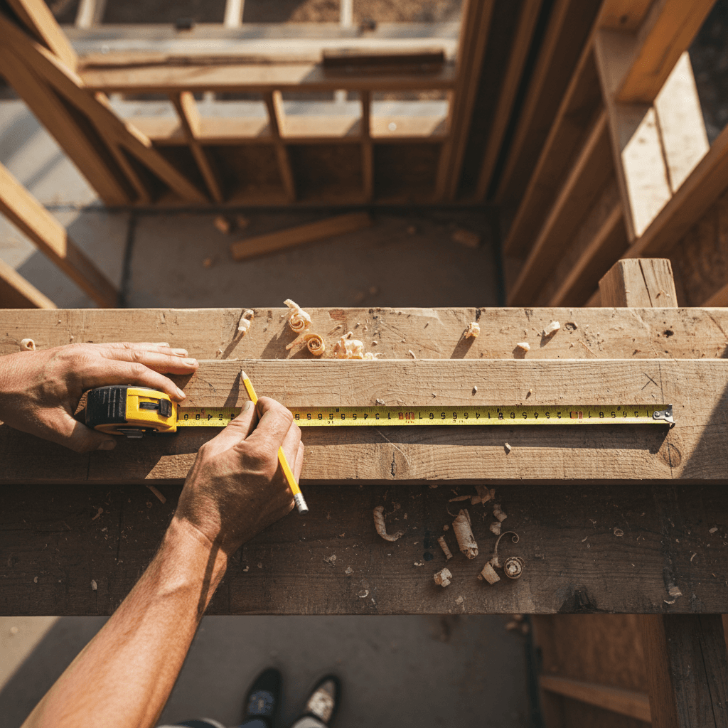 Contractor measuring lumber with a tape measure at a job site in Sioux Falls