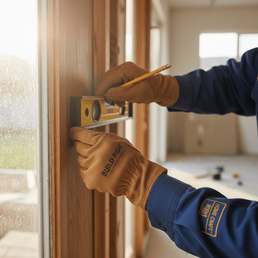 Contractor's hands holding a level against a door frame